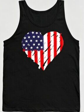 Women's Patriotic Heart Tank Top - Black with Red White Blue Graphic